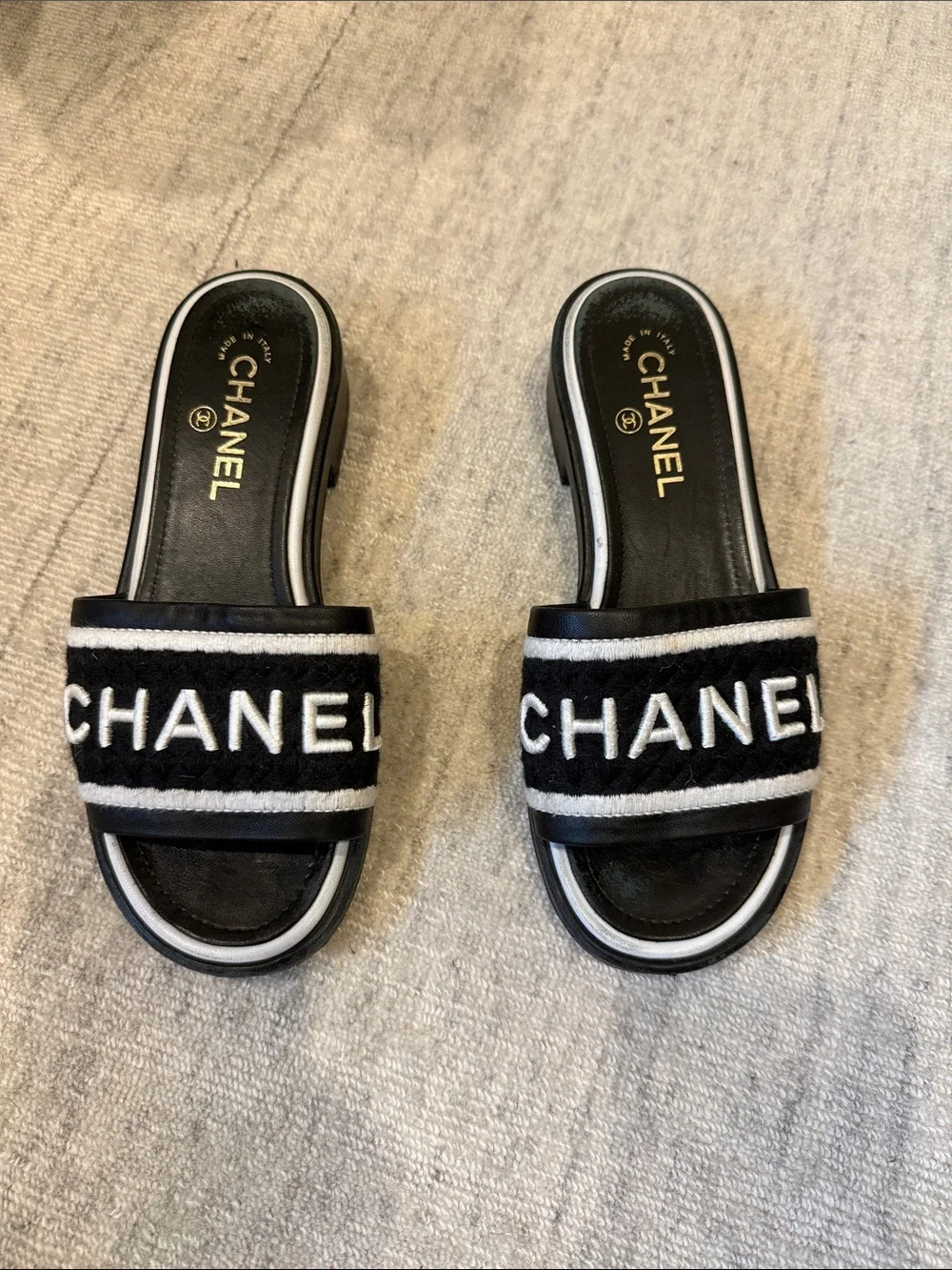 CHANEL Black and White Embroidered Logo Slide Sandals